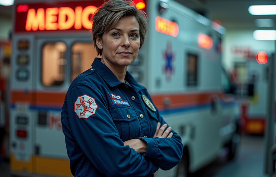 female paramedic standing in front of ambulance