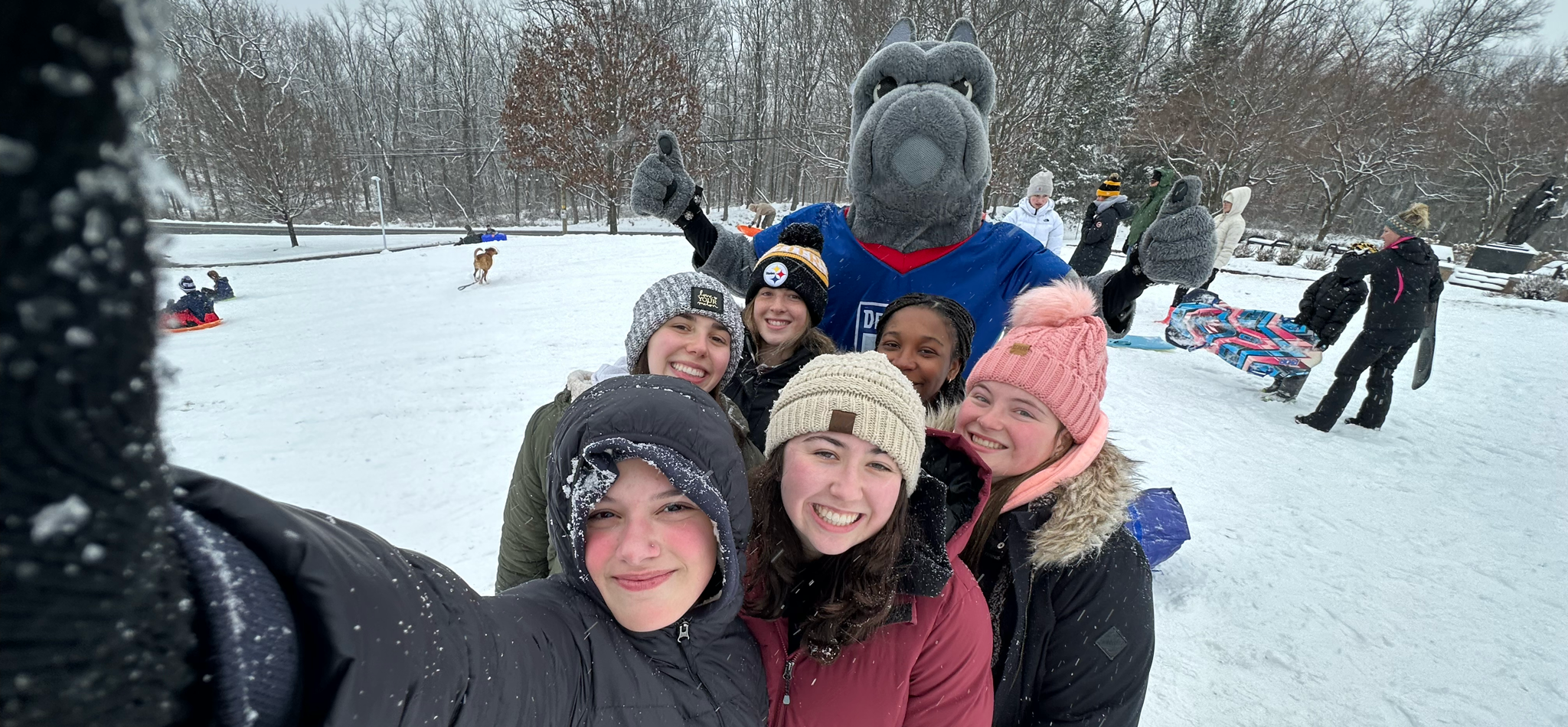 Desales students in the snow with the mascot.