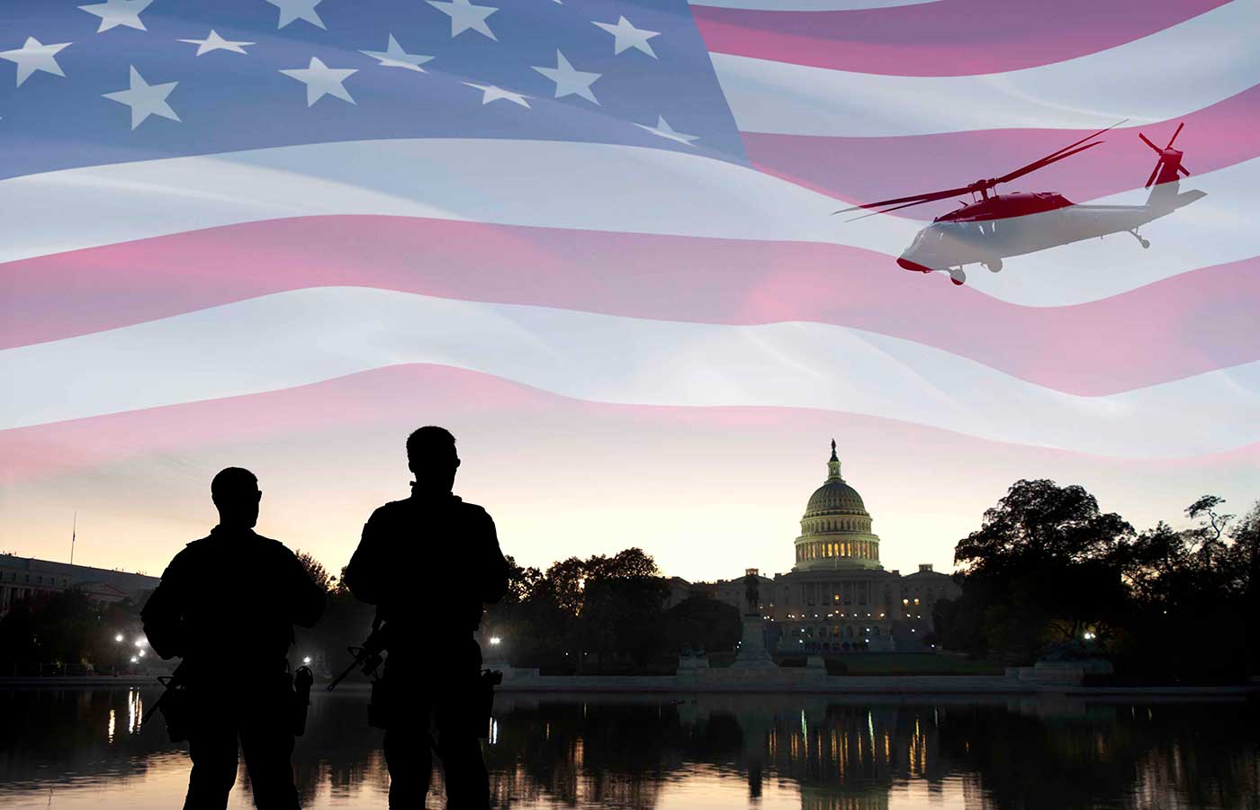 A composite image of Washington DC, the American Flag and soldiers