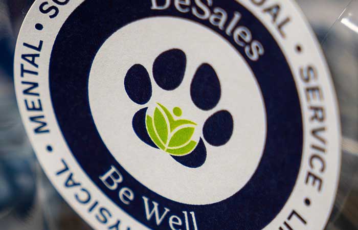 a DeSales Be Well logo sticker on a window